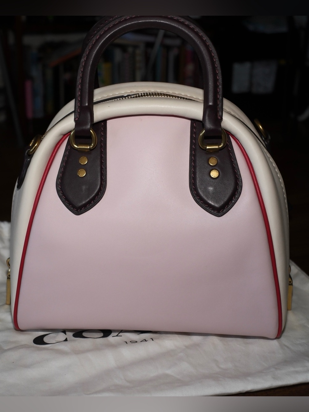 Coach Colorblock Pink  and Cream Marliegh Satchel w/Oxblood Trim and Red Piping - Picture 2 of 15